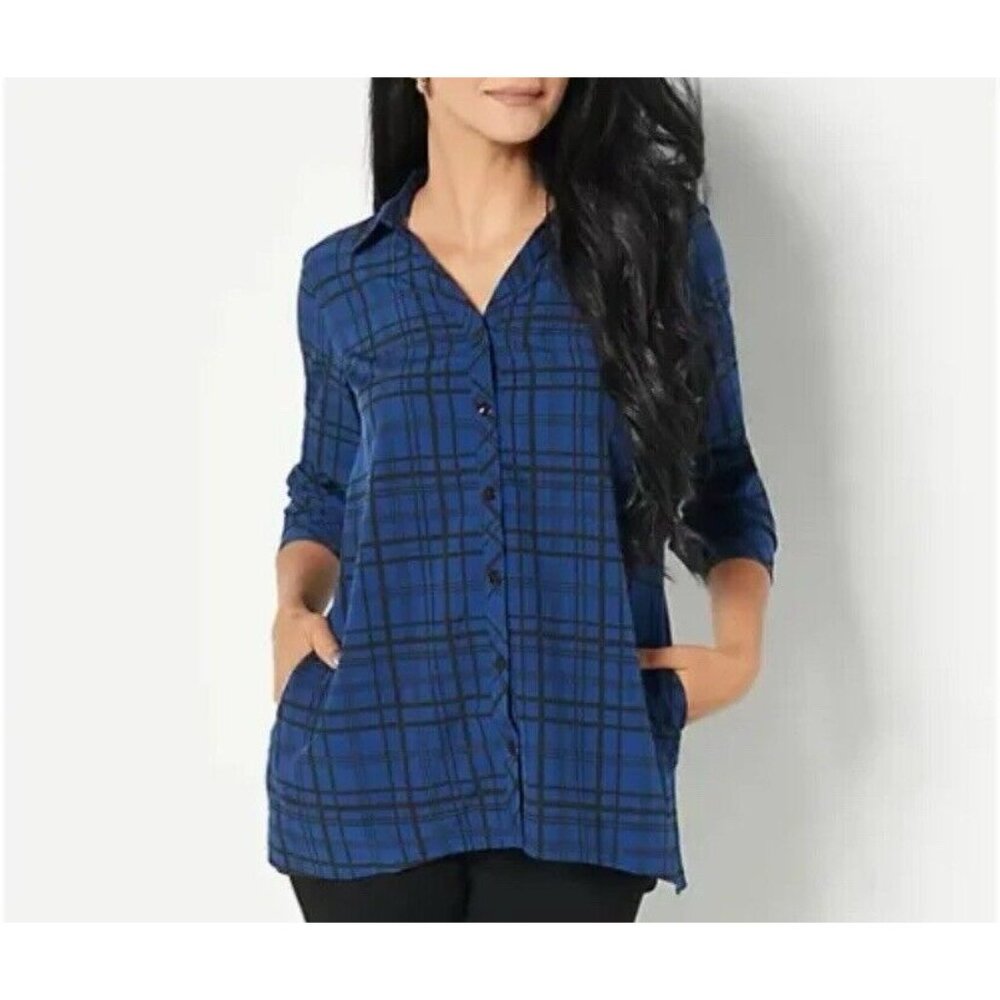 Susan Graver Weekend Regular Plaid Tunic Top 3XP Stretch Lightweight Classy 9840 - Picture 1 of 9